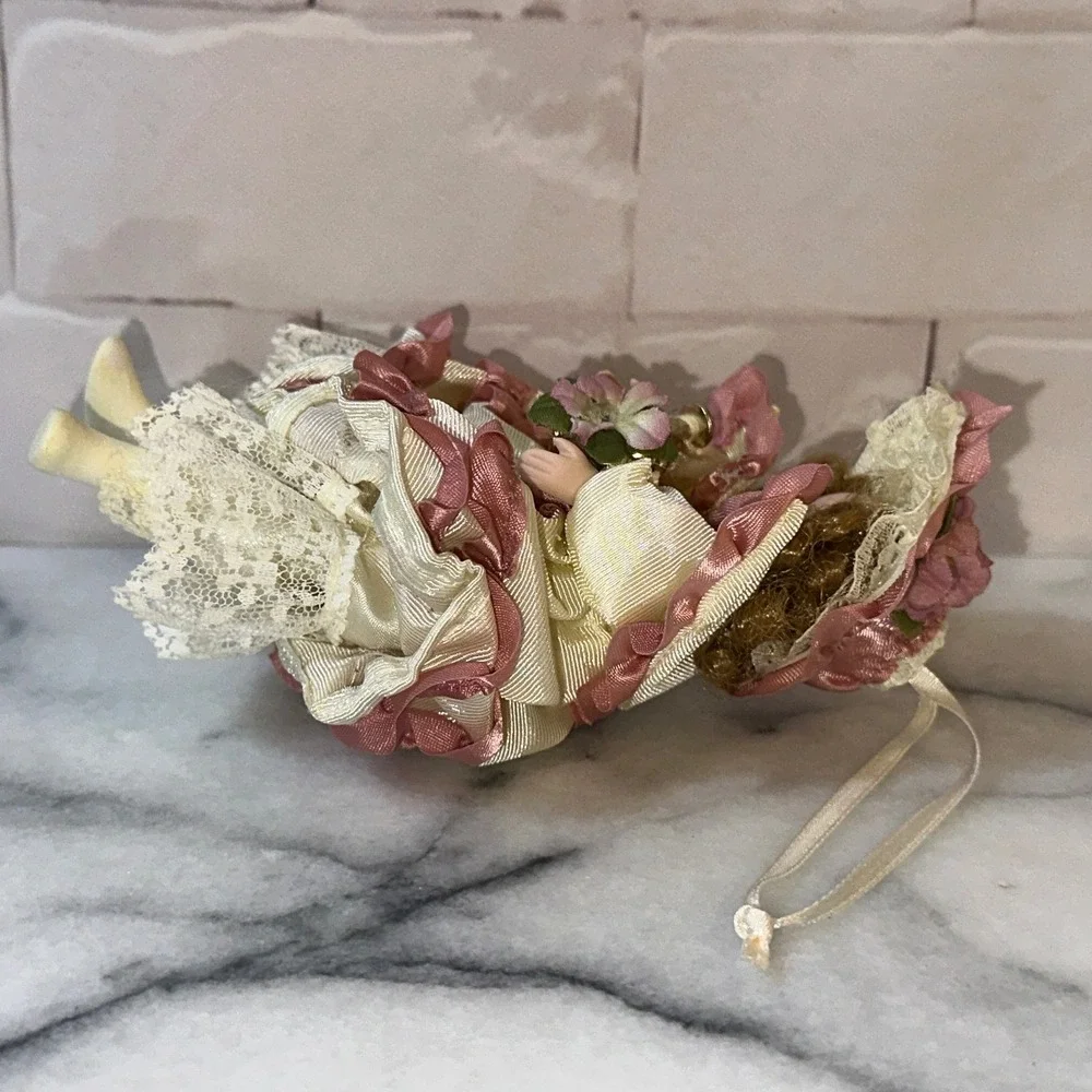 Vintage Porcelain Bisque Doll Ornament Victorian Style Pink Cream Lace Ruffles